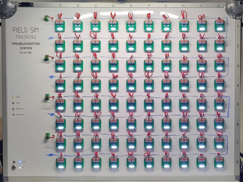 The FS-24-TBS Troubleshooting Station with 80 devices across 4 circuits. System is active as indicated by a blue Active LED and the LEDs on each device.