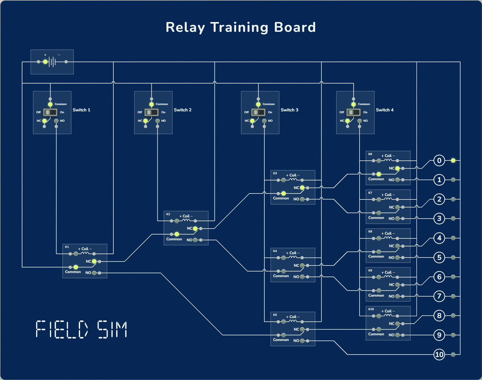 Virtual version of the Relay Training Board with meter test points added
