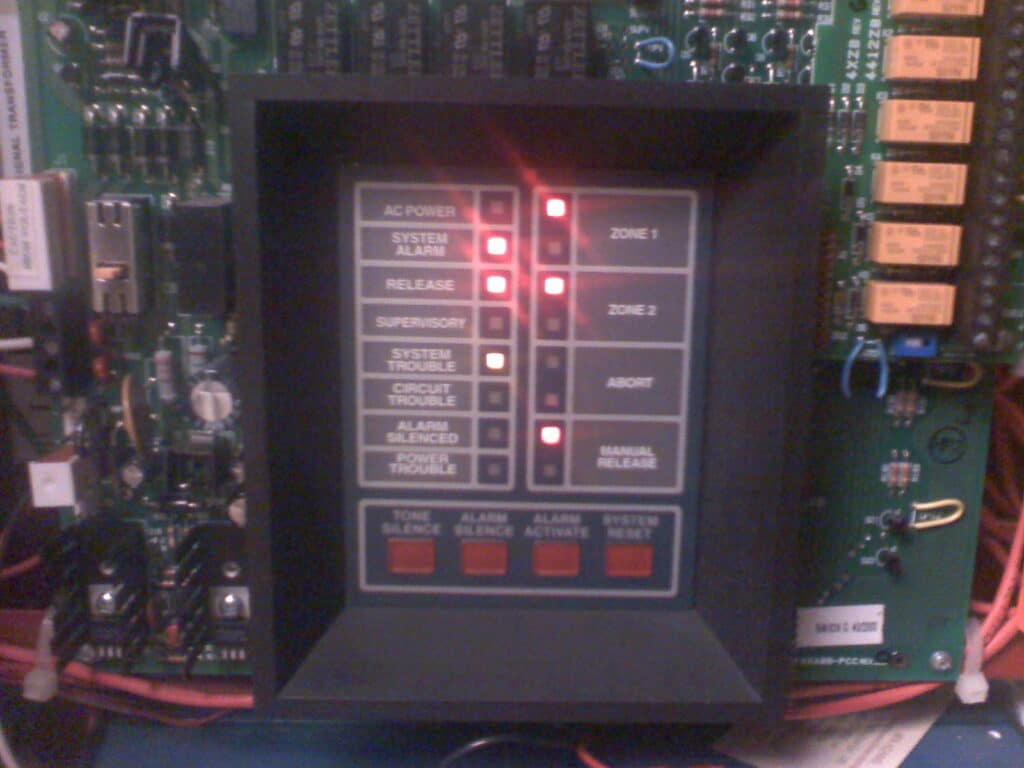 A preaction/releasing alarm system showing the manual release zone active and system discharged.